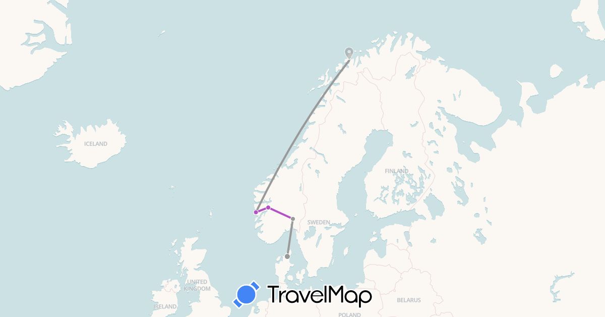 TravelMap itinerary: driving, plane, train in Denmark, Norway (Europe)